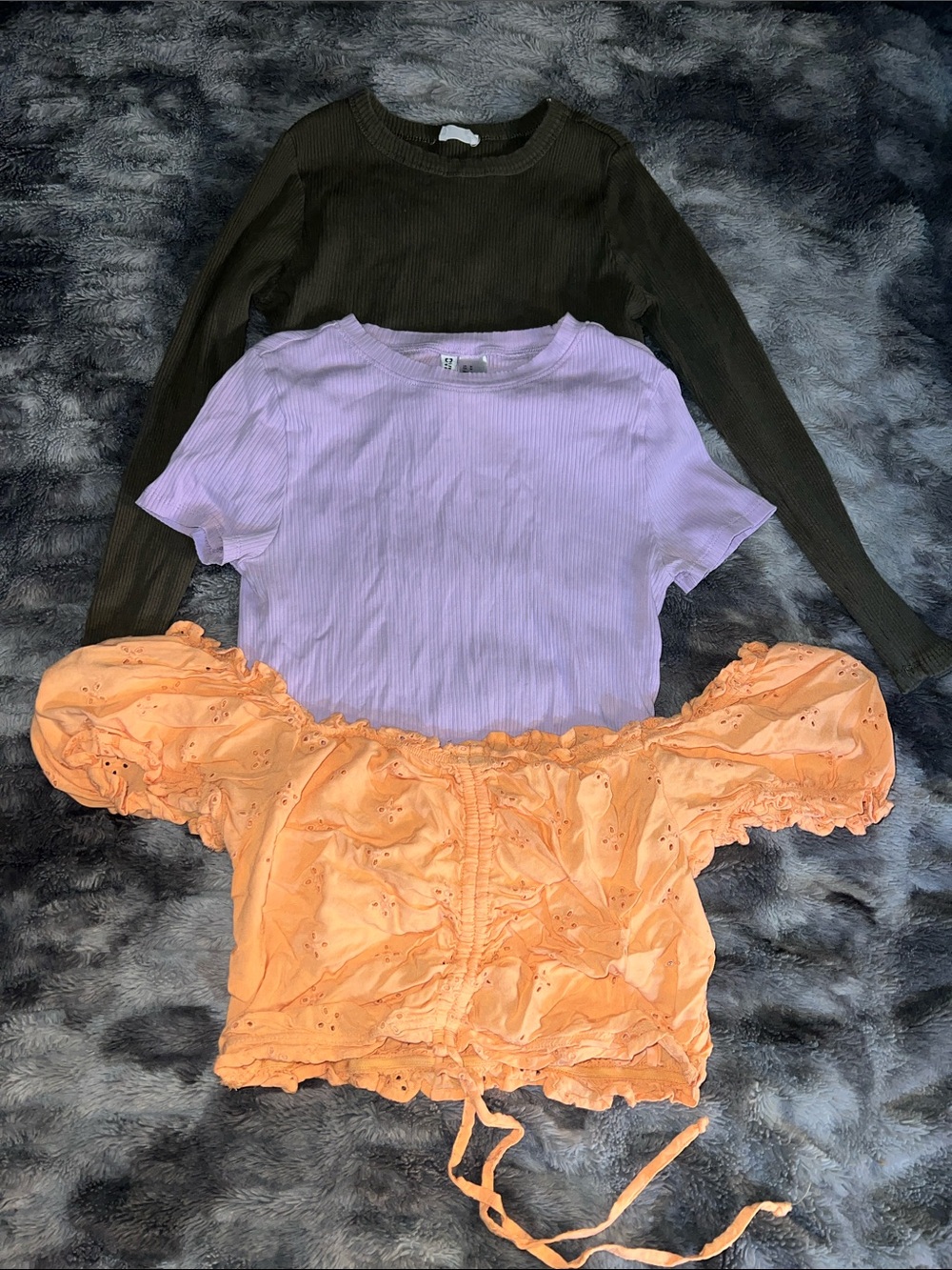 Ribbed Short Sleeve Tee and Eyelet Off-Shoulder Top Set - Lavender & Orange